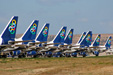 Olympic Air startup fleet parked at a taxiway in Athens airport